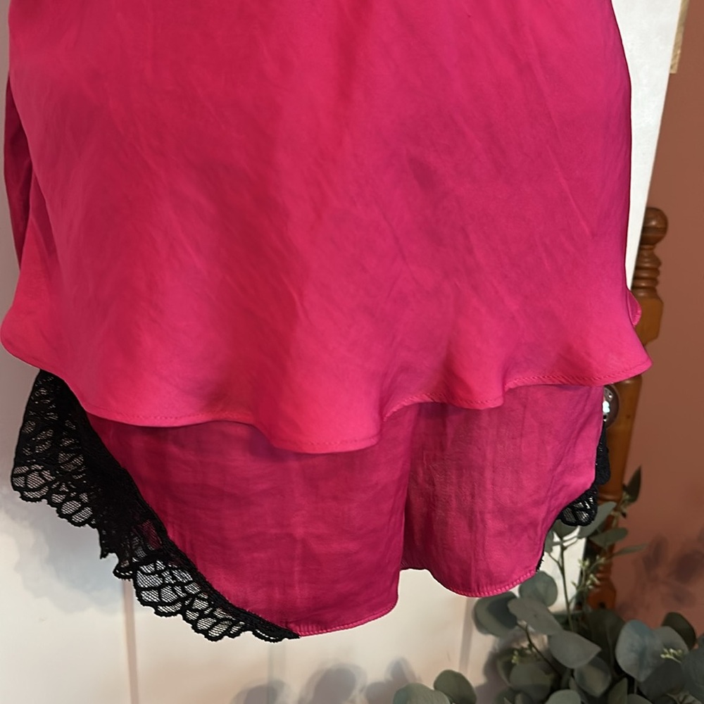 Josie NATORI 2-piece cami shorts hot pink & black lace L polyester pajamas - Picture 4 of 13